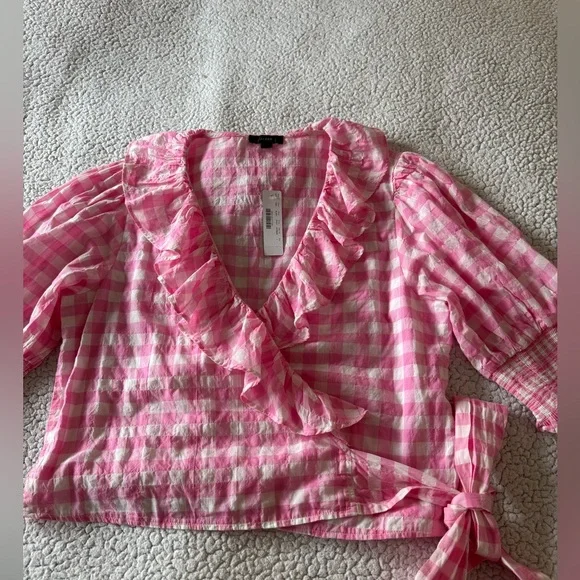 NWT J.Crew Pink Gingham Ruffle Wrap Short Sleeve Top Blouse Size L - Picture 6 of 11